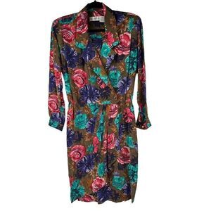 Vintage Olive Green Floral 100% Silk Faux Wrap Long‎ Sleeve Dress with Belt
